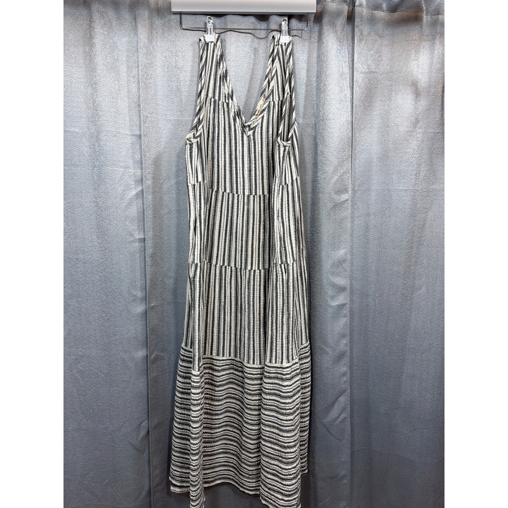 Marine Layer Womens XL Striped Cotton Gauze Tiered Maxi Dress V-Neck Pockets